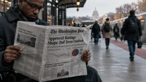 A man reading a newspaper with political approval rating headlines on an outdoor train platform near the U.S. Capitol.