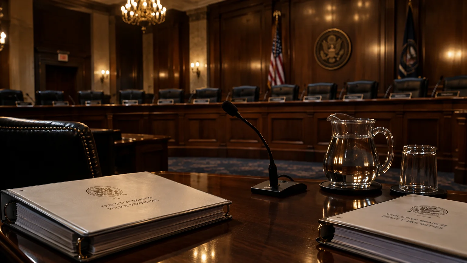 Empty congressional hearing room with executive policy priority binders, microphone, and water pitcher on a wooden table.