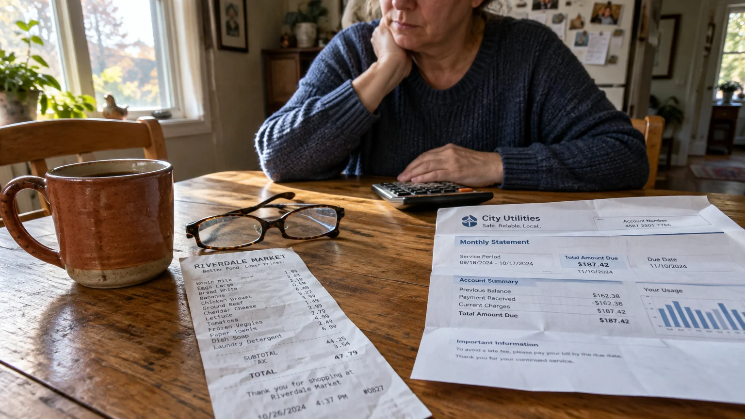 A person sits at a wooden table reviewing a calculator, a grocery receipt, eyeglasses, and a utility bill.