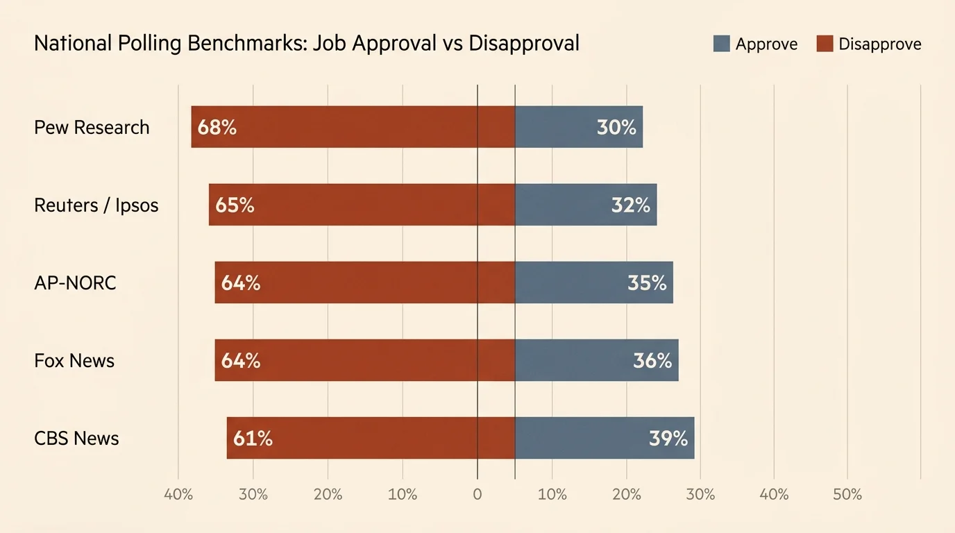 Horizontal bar chart comparing approval and disapproval ratings across Pew Research, Reuters, AP-NORC, Fox News, and CBS News.