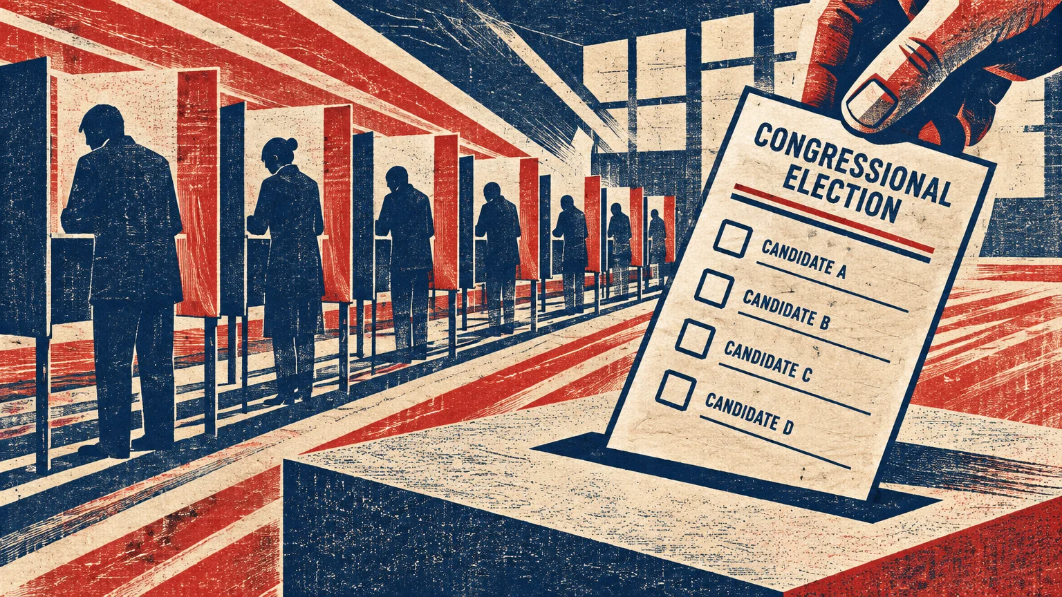 Illustration of voters in voting booths while a hand inserts a congressional election ballot into a ballot box.