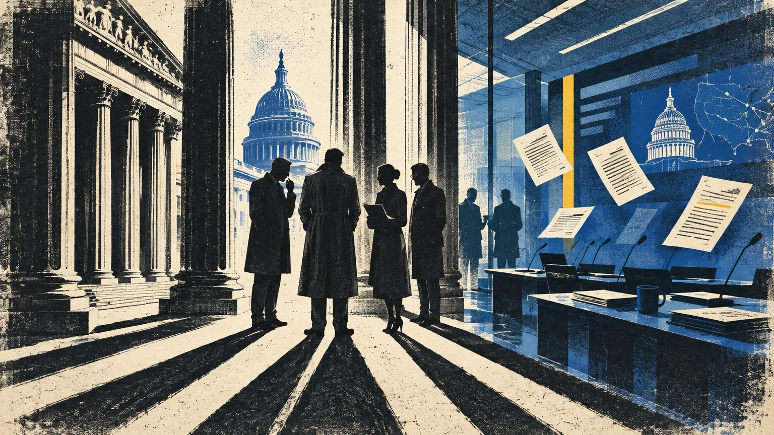Illustration of silhouetted figures conferring outside neoclassical pillars, overlooking the Capitol dome and newsroom screens.